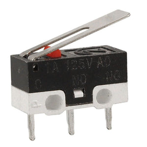 Small Microswitch / Limit Switch - a black and white rectangular body, a metal lever arm, a red button, and three metal connector pins.
