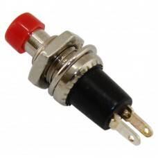 Small Push Button Switch Momentary On When You Press - a metal-threaded switch with a red button cap and two metal solder terminals at the base.