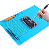 Small Silicone Mat Soldering And Repairing Mat - a blue rectangular work mat featuring a screwdriver, tweezers, and a hand using a soldering iron.