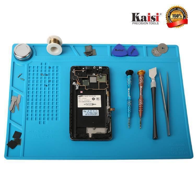 Small Silicone Mat Soldering And Repairing Mat - shown with a blue silicone work surface, a disassembled smartphone, screwdrivers, and repair tools.