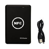 Smart Card Reader AND WRITER Recorder RFID IC Copier, NFC Duplicator, 13.56MHz - a black rectangular NFC reader with a white logo and a bundled black USB cable.