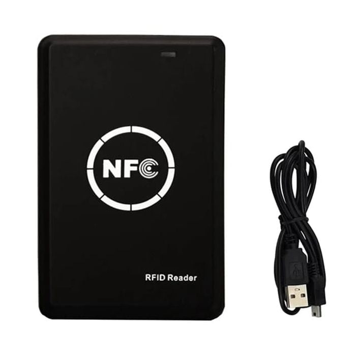 Smart Card Reader AND WRITER Recorder RFID IC Copier, NFC Duplicator, 13.56MHz - a black rectangular NFC reader with a white logo and a bundled black USB cable.