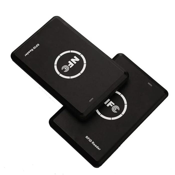 Smart Card Reader AND WRITER Recorder RFID IC Copier, NFC Duplicator, 13.56MHz - two identical rectangular black RFID readers with NFC logos and text printed on their surfaces.