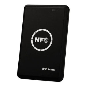Smart Card Reader AND WRITER Recorder RFID IC Copier, NFC Duplicator, 13.56MHz - rectangular NFC reader with a white NFC logo and a small status indicator light at the top.