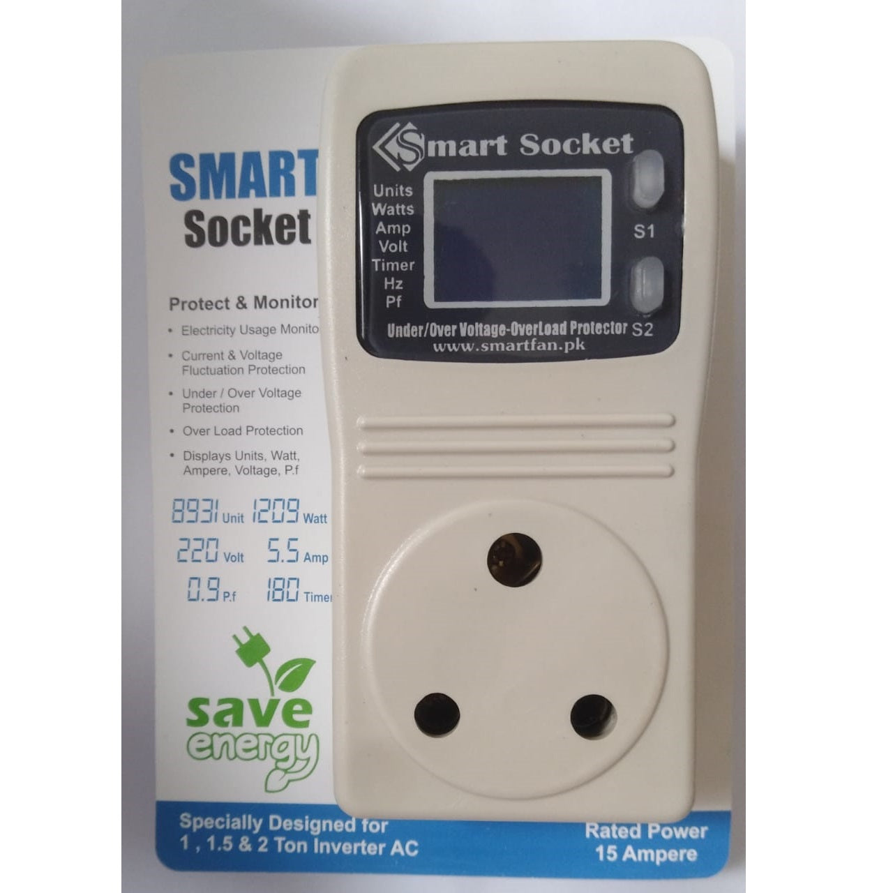 Smart Socket 15A - in its retail packaging, featuring a beige body, two side buttons, and a digital display showing 8931 units, 1209 watts, and 220 volts.