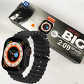 Smart Watch T900 Ultra 2.09 Inch Big Display Bluetooth Calling Series 8 With All Sports Features & Health Tracker - Smart Watch Ultra Infinite Display - black silicone strap and a digital watch face, positioned next to its black retail box featuring a 2.09-inch display label.
