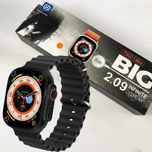 Smart Watch T900 Ultra 2.09 Inch Big Display Bluetooth Calling Series 8 With All Sports Features & Health Tracker - Smart Watch Ultra Infinite Display - black silicone strap and a digital watch face, positioned next to its black retail box featuring a 2.09-inch display label.