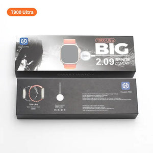 Smart Watch T900 Ultra 2.09 Inch Big Display Bluetooth Calling Series 8 With All Sports Features & Health Tracker - Smart Watch Ultra Infinite Display - the top and back of the black box with product branding, a 2.09-inch display graphic, and accessory icons.