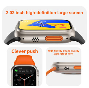 Smart Watch T900 Ultra 2.09 Inch Big Display Bluetooth Calling Series 8 With All Sports Features & Health Tracker - Smart Watch Ultra Infinite Display - a 2.02-inch display, a side button, a speaker grille, and a notification screen with a text message and time.