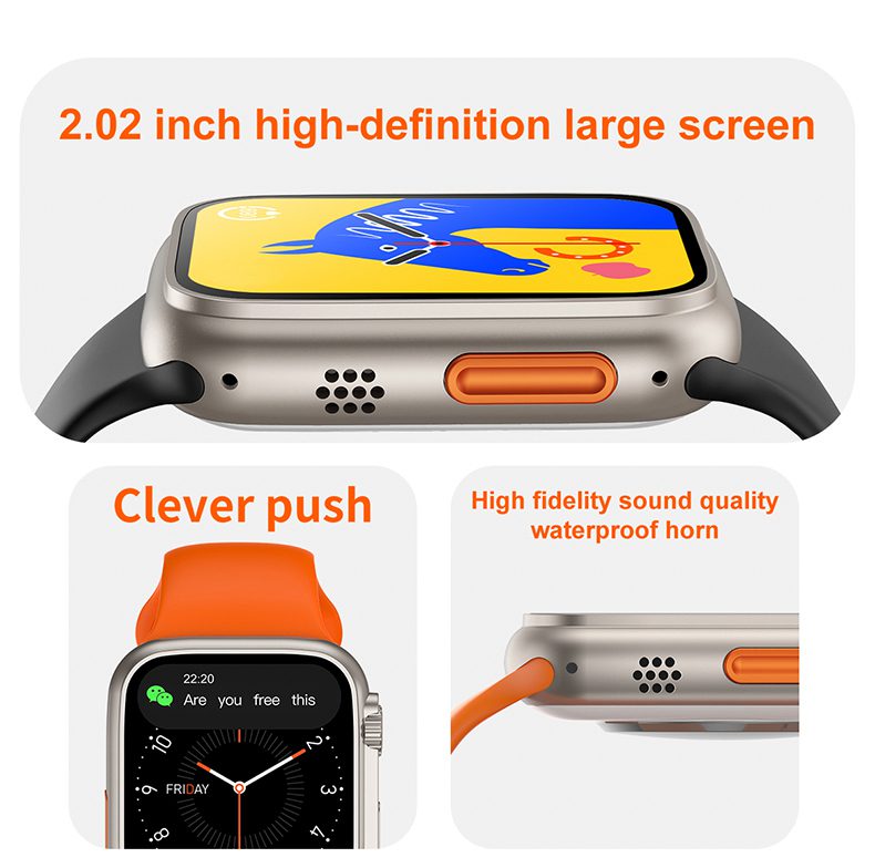 Smart Watch T900 Ultra 2.09 Inch Big Display Bluetooth Calling Series 8 With All Sports Features & Health Tracker - Smart Watch Ultra Infinite Display - a 2.02-inch display, a side button, a speaker grille, and a notification screen with a text message and time.