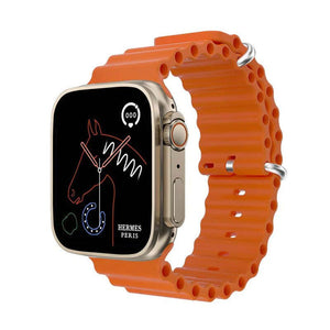 Smart Watch T900 Ultra 2.09 Inch Big Display Bluetooth Calling Series 8 With All Sports Features & Health Tracker - Smart Watch Ultra Infinite Display - with an orange silicone strap, featuring a rectangular display showing a horse graphic, heart rate icon, and text.