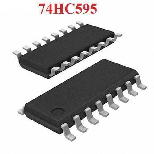SMD 74HC595 74HC595D SOP16 Patch 8 Bit Serial Shift Register - two black 16-pin SMD integrated circuits shown from different angles with silver-colored pins.
