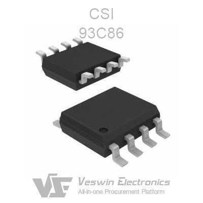 SMD 93C86 Serial CMOS EEPROM - two black, eight-pin SMD integrated circuit chips positioned at different angles against a white background.