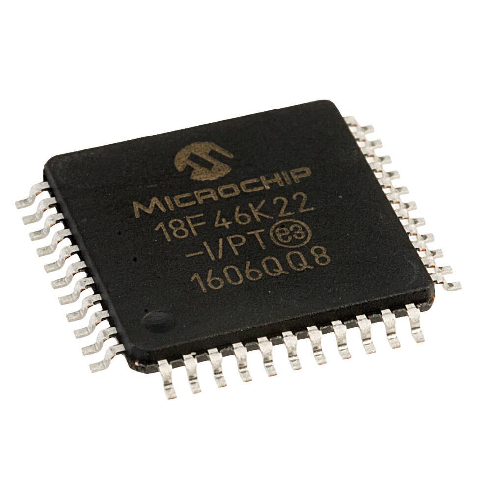 SMD adapter of TQFP44 adapter board SMD to DIP - Microchip 18F46K22, a black square-shaped TQFP44 microcontroller chip with metallic pins on all four sides and text printed on the top surface.