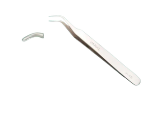 SMD Bend Tweezer VANAL V-15 For Positioning Components - shown with a silver-coloured metal body, curved tips, and a protective plastic cap.