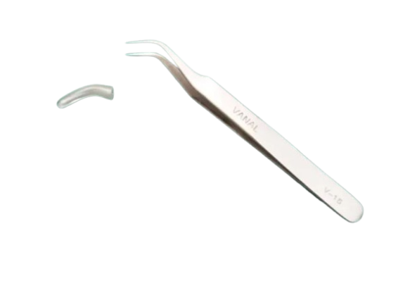 SMD Bend Tweezer VANAL V-15 For Positioning Components - shown with a silver-coloured metal body, curved tips, and a protective plastic cap.