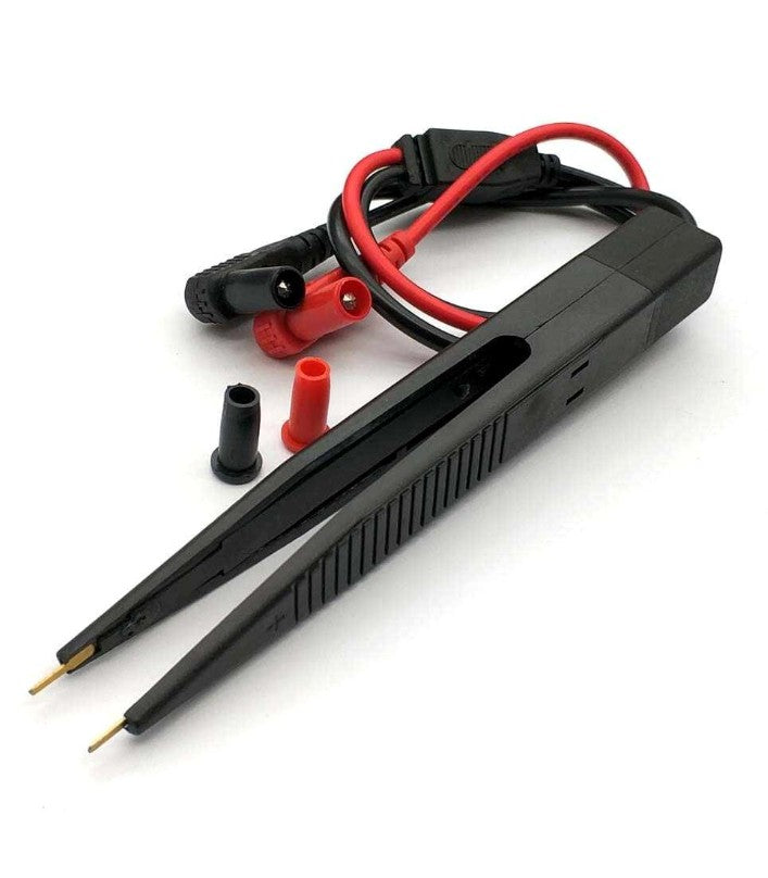 SMD LCR Test probe SMT Test Meter multimeter Probs probes leads - a black tweezer-style multimeter lead with red and black cables, two gold-plated tips, and two separate protective caps.
