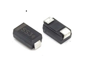 SMD Schottky Diode SS34 (1N5822) 3A/40V - two black rectangular surface-mount diodes with silver metal terminals, one showing the text "SS34" and a striped cathode mark.