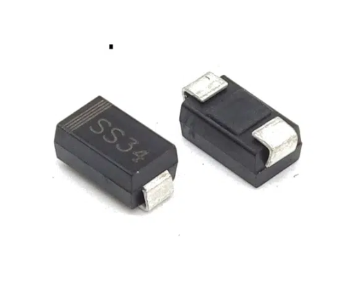 SMD Schottky Diode SS34 (1N5822) 3A/40V - two black rectangular surface-mount diodes with silver metal terminals, one showing the text "SS34" and a striped cathode mark.