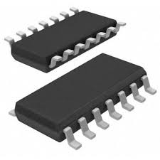 SMD SN74HC04D Hex Inverter IC SOP-14 (74HC04 NOT Gate Logic IC) - two black rectangular surface-mount integrated circuits with fourteen metal pins arranged in two rows.