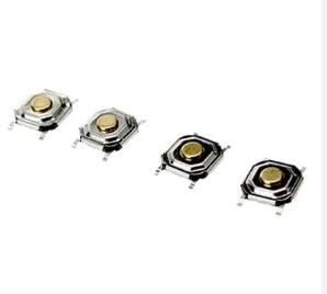 SMD Tactile Switch, 4x4x1.5mm - 4x4x1.5mm, shown as four small square silver-coloured tactile switches with central gold-coloured circular push buttons.