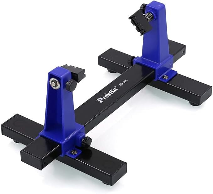 SN-390 Adjustable PCB Holder - 360° PCB Jig & Soldering Assembly Stand - a black and blue metal soldering assembly stand with two adjustable sliding clamps and manual tightening knobs.