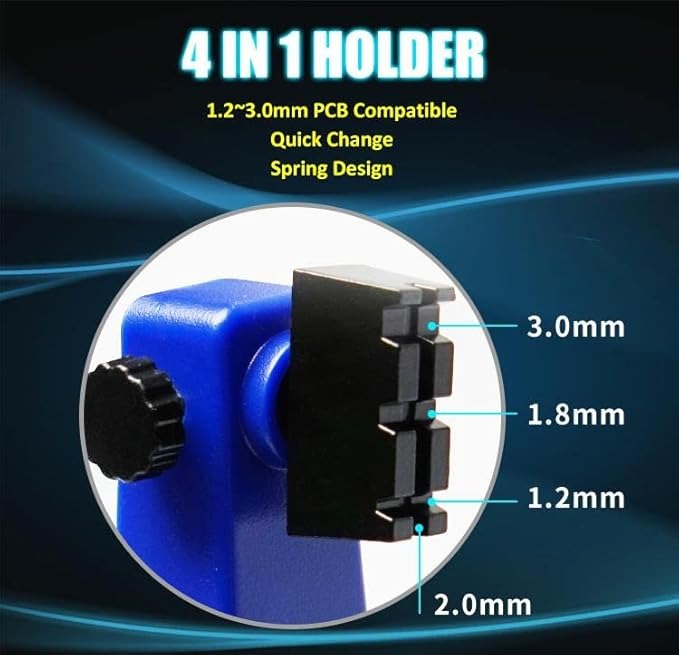 SN-390 Adjustable PCB Holder - 360° PCB Jig & Soldering Assembly Stand - a close-up showing the blue and black spring-loaded clamp with four distinct slots labeled 1.2mm, 1.8mm, 2.0mm, and 3.0mm.