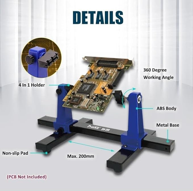 SN-390 Adjustable PCB Holder - 360° PCB Jig & Soldering Assembly Stand - a blue and black soldering stand with a central rotating jig holding a circuit board, labeled with its key features.