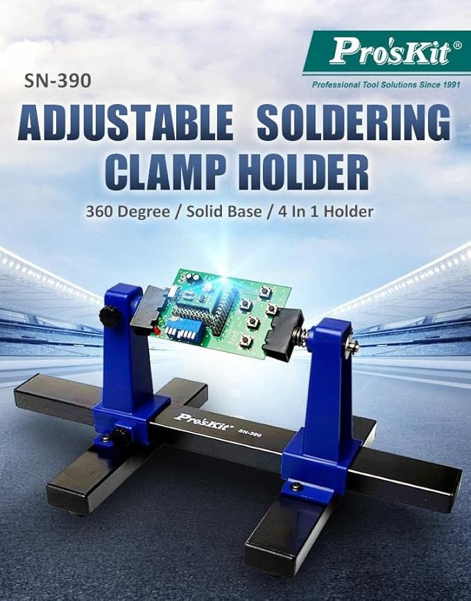SN-390 Adjustable PCB Holder - 360° PCB Jig & Soldering Assembly Stand - a blue and black metal soldering jig holding a green circuit board with a 360-degree rotating mechanism on a base.