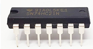 SN74HC21N 74HC21 Dual 4-input Positive-and Gates Breadboard-friendly IC DIP-14 - a black 14-pin dual in-line package with metallic pins, viewed from the side with the text SN74HC21N clearly printed on the top surface.