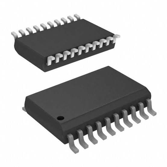 SN74HC244 SMD IC - two black rectangular integrated circuit chips with metallic pins along their sides, viewed from different angles.