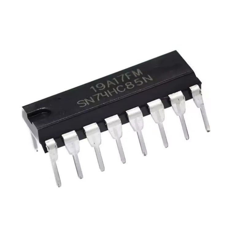 SN74HC85N 4-Bit Magnitude Comparator IC - a black 16-pin dual in-line package with the text "19A17FM SN74HC85N" printed on its top surface.