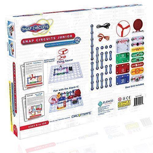 Snap Circuits Jr Sc-100 Electronics Discovery Kit - the kit name, age range, sample project manual pages, and various electronic components.