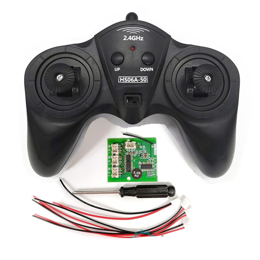 SNRM92 (C version) 1.2A low-power remote control kit 6-channel 2.4G - a black 2.4GHz controller with two joysticks, a circuit board, a screwdriver, and several wire cables.