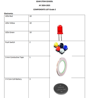 SOAR STEM SCHOOL AY 2024-2025 COMPONENTS LIST Grade 2 - a table listing electronics including LEDs, push switches, conductive tape, and coin batteries.