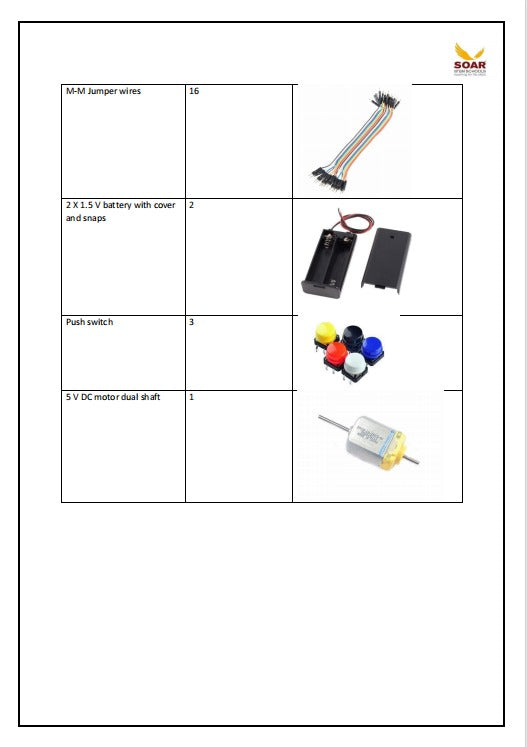 Soar STEM school AY 2024-25 Component list for Grade 4 - a table listing jumper wires, a battery holder, push switches, and a DC motor with images.
