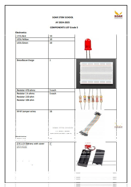 Soar STEM school AY 2024-25 Component list for Grade 5 - a document listing electronics parts alongside photos of an LED, breadboard, resistors, and battery holder.