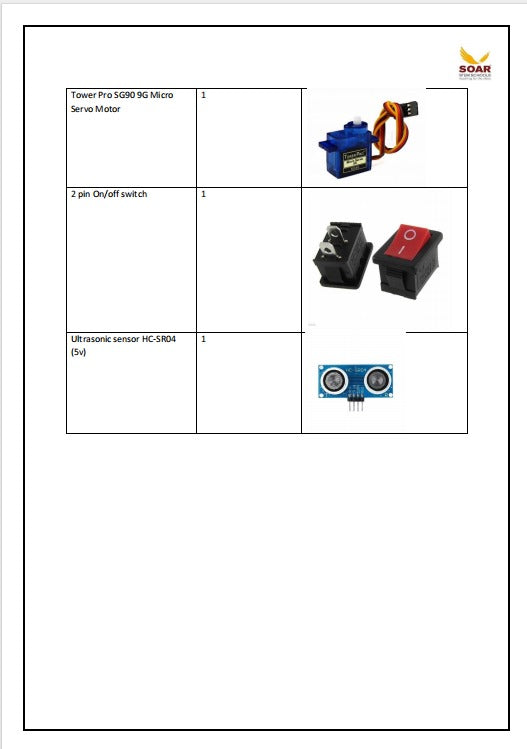 Soar STEM school AY 2024-25 Component list for Grade 5 - a table with a blue servo motor, a red and black 2-pin switch, and a blue ultrasonic sensor.