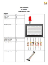 Soar STEM school AY 2024-25 Component list for Grade 7 - a document table listing electronic parts including LEDs, a breadboard, resistors, and jumper wires.