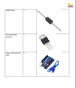 Soar STEM school AY 2024-25 Component list for Grade 7 - a table with a 1N4004 diode, a TIP120 Darlington transistor, and an Arduino UNO with USB cable.