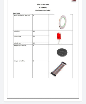 SOAR STEM School AY 2024-25 Component List Grade 1 - a table listing electronics parts including conductive tape, LEDs, a coin cell battery, and wires.