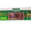 SOGO 20A DC Converter | 48-72V to 12V Step Down Voltage Regulator - the red converter unit, input 48-72V to output 12V specifications, and product feature icons.