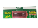 SOGO 20A DC Converter | 48-72V to 12V Step Down Voltage Regulator - the red converter unit, input 48-72V to output 12V specifications, and product feature icons.