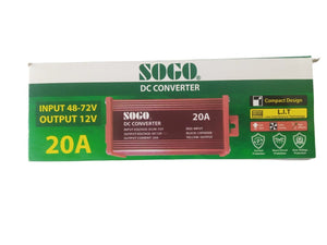 SOGO 20A DC Converter | 48-72V to 12V Step Down Voltage Regulator - the red converter unit, input 48-72V to output 12V specifications, and product feature icons.