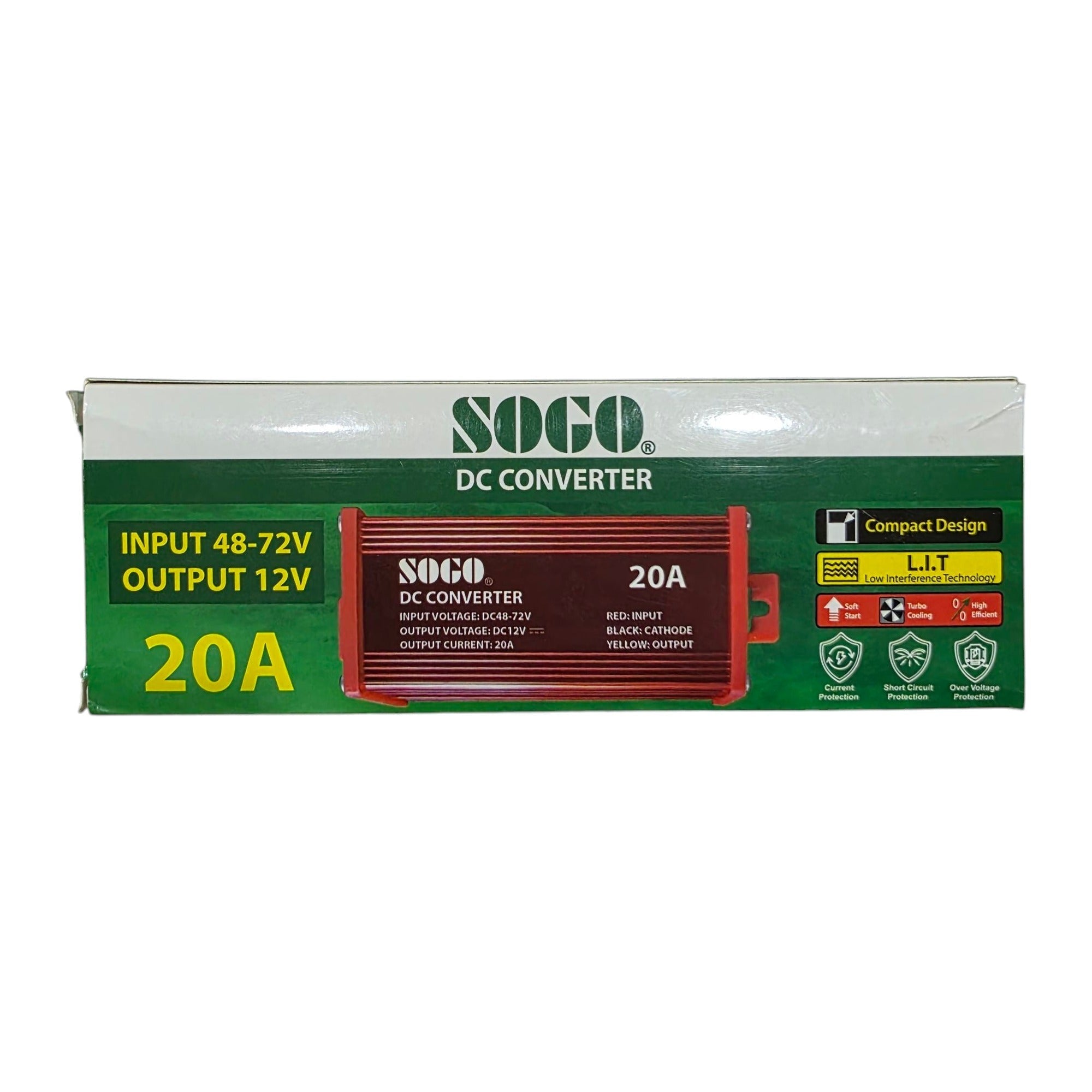 SOGO 20A DC Converter | 48-72V to 12V Step Down Voltage Regulator - the red metal converter unit centered on its green and white retail packaging box with printed technical specifications.