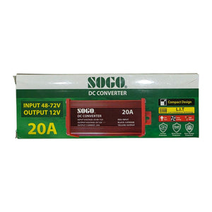 SOGO 20A DC Converter | 48-72V to 12V Step Down Voltage Regulator - the red metal converter unit centered on its green and white retail packaging box with printed technical specifications.