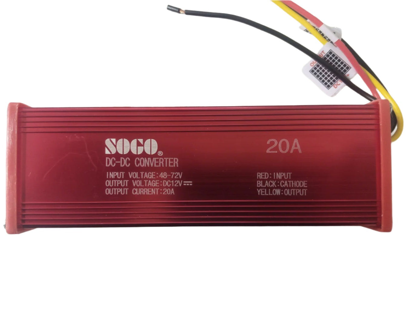 SOGO 20A DC Converter | 48-72V to 12V Step Down Voltage Regulator - a red rectangular metal step-down voltage regulator with three wires extending from one end and printed specifications on the front.