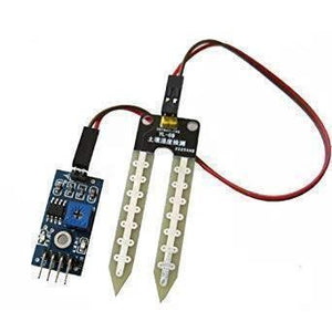 Soil Moisture Sensor For Arduino - a blue circuit board with a potentiometer connected by a red and black cable to a Y-shaped probe.
