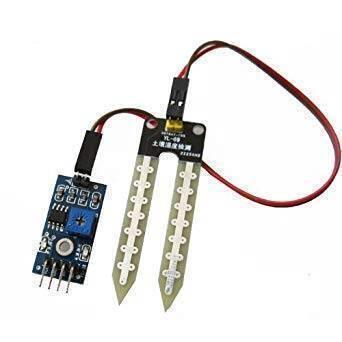 Soil Moisture Sensor For Arduino - a blue circuit board with a potentiometer connected by a red and black cable to a Y-shaped probe.