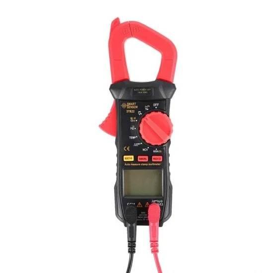 Solar Current Measuring Digital Clamp Meter St822 1000V DC And 600 Amp DC And AC - a black and red handheld device with a rotary dial, LCD screen, and two connected test leads.